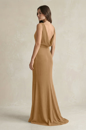V - Neck Sheath Satin Maxi Bridesmaid Dress in Bronzer - SHE IS ME Bridesmaid Dresses