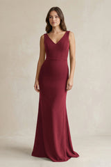 V - Neck Sheath Satin Maxi Bridesmaid Dress in Burgundy - KISS BRIDAL Bridesmaid Dresses