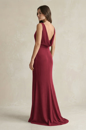 V - Neck Sheath Satin Maxi Bridesmaid Dress in Burgundy - KISS BRIDAL Bridesmaid Dresses