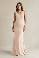 V - Neck Sheath Satin Maxi Bridesmaid Dress in Buttercream - KISS BRIDAL Bridesmaid Dresses