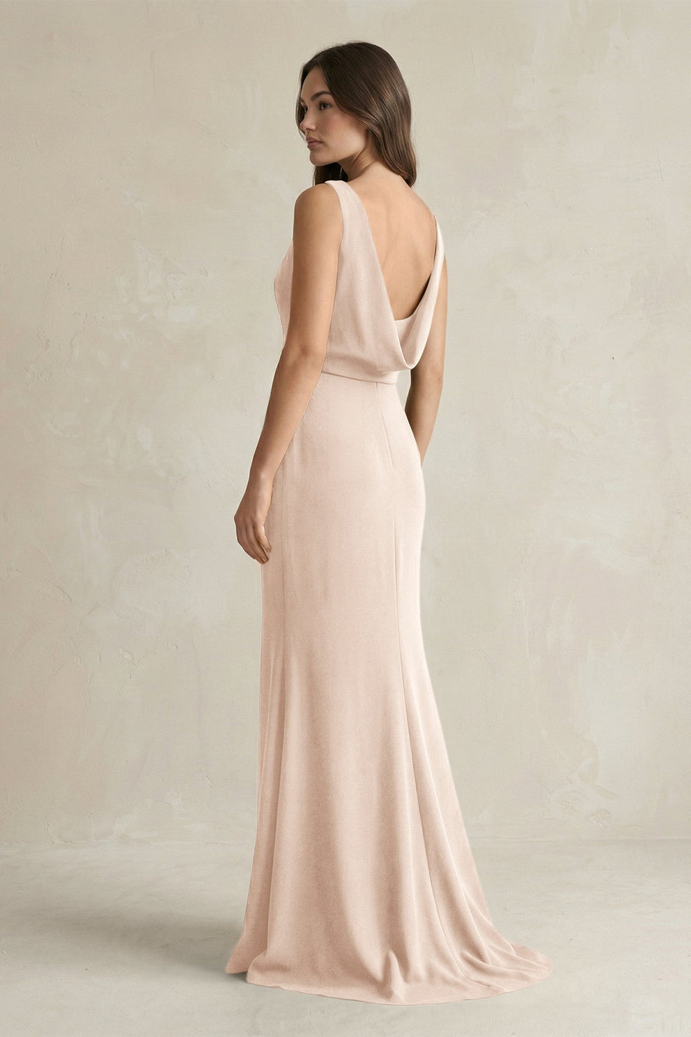 V - Neck Sheath Satin Maxi Bridesmaid Dress in Buttercream - SHE IS ME Bridesmaid Dresses
