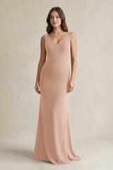 V - Neck Sheath Satin Maxi Bridesmaid Dress in Champagne Rose - KISS BRIDAL Bridesmaid Dresses