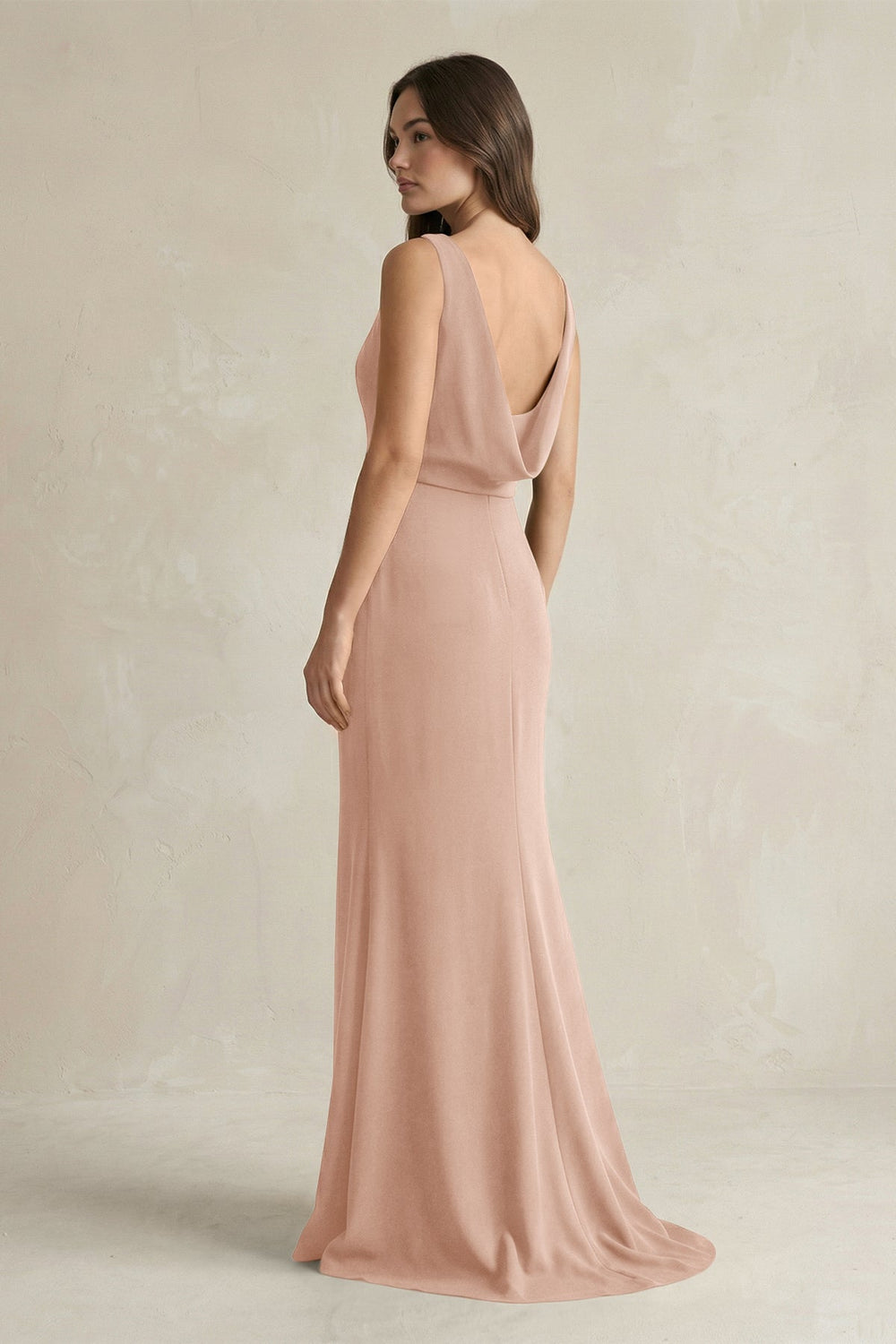 V - Neck Sheath Satin Maxi Bridesmaid Dress in Champagne Rose - SHE IS ME Bridesmaid Dresses