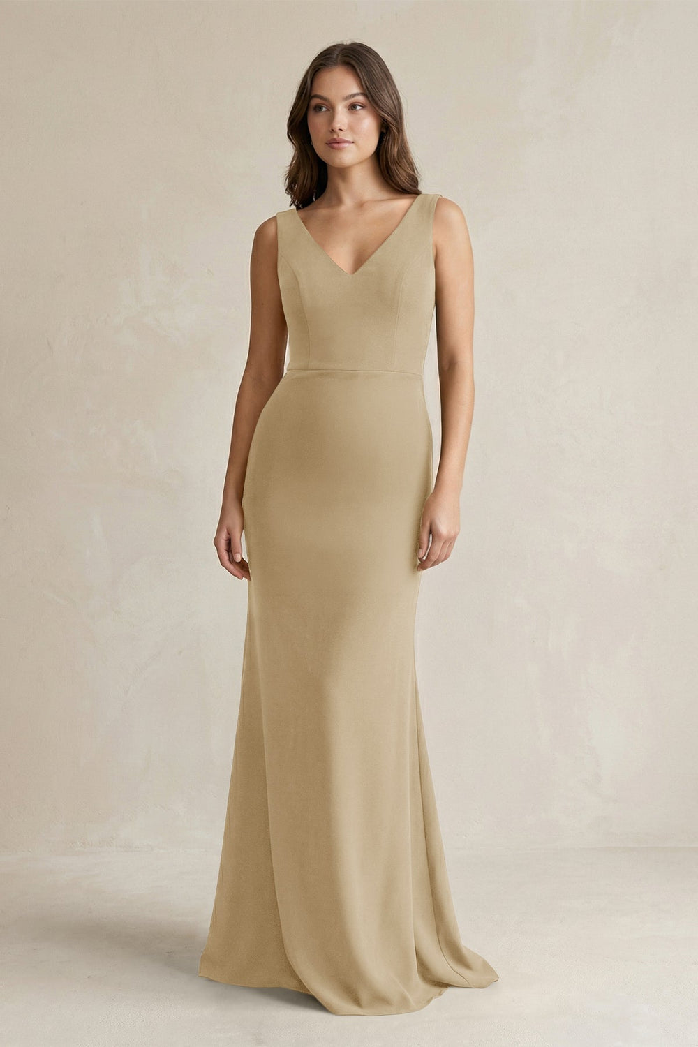 V - Neck Sheath Satin Maxi Bridesmaid Dress in Champagne - KISS BRIDAL Bridesmaid Dresses