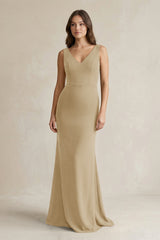 V - Neck Sheath Satin Maxi Bridesmaid Dress in Champagne - KISS BRIDAL Bridesmaid Dresses