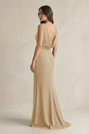 V - Neck Sheath Satin Maxi Bridesmaid Dress in Champagne - KISS BRIDAL Bridesmaid Dresses