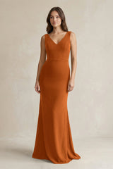 V - Neck Sheath Satin Maxi Bridesmaid Dress in Cinnamon - KISS BRIDAL Bridesmaid Dresses