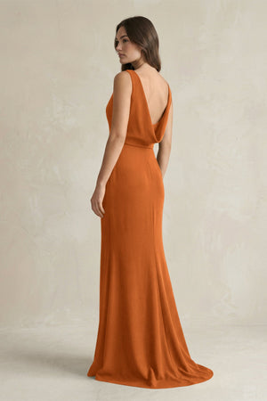 V - Neck Sheath Satin Maxi Bridesmaid Dress in Cinnamon - SHE IS ME Bridesmaid Dresses