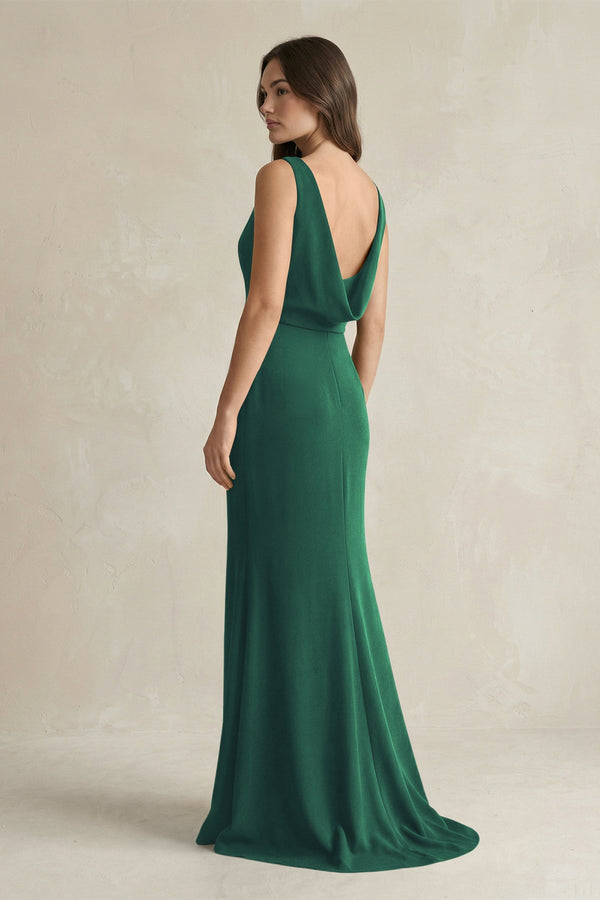 V - Neck Sheath Satin Maxi Bridesmaid Dress in Dark Green - KISS BRIDAL Bridesmaid Dresses