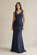 V - Neck Sheath Satin Maxi Bridesmaid Dress in Dark Navy - KISS BRIDAL Bridesmaid Dresses
