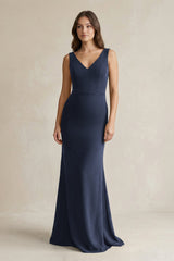 V - Neck Sheath Satin Maxi Bridesmaid Dress in Dark Navy - KISS BRIDAL Bridesmaid Dresses