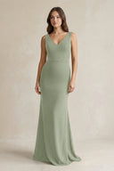 V - Neck Sheath Satin Maxi Bridesmaid Dress in Dove Gray - KISS BRIDAL Bridesmaid Dresses