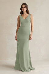 V - Neck Sheath Satin Maxi Bridesmaid Dress in Dove Gray - KISS BRIDAL Bridesmaid Dresses