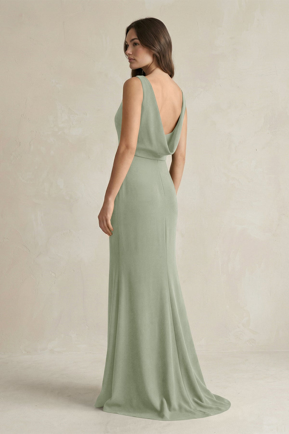 V - Neck Sheath Satin Maxi Bridesmaid Dress in Dove Gray - KISS BRIDAL Bridesmaid Dresses