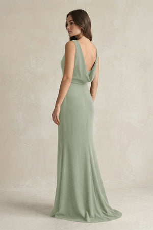 V - Neck Sheath Satin Maxi Bridesmaid Dress in Dove Gray - KISS BRIDAL Bridesmaid Dresses