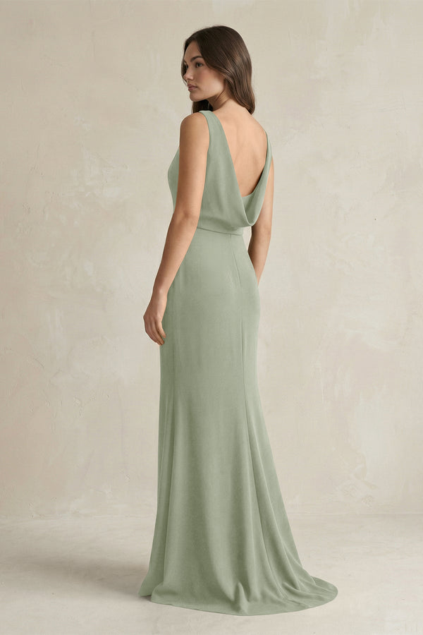 V - Neck Sheath Satin Maxi Bridesmaid Dress in Dove Gray - KISS BRIDAL Bridesmaid Dresses