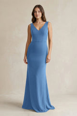 V - Neck Sheath Satin Maxi Bridesmaid Dress in Dusty Blue - KISS BRIDAL Bridesmaid Dresses