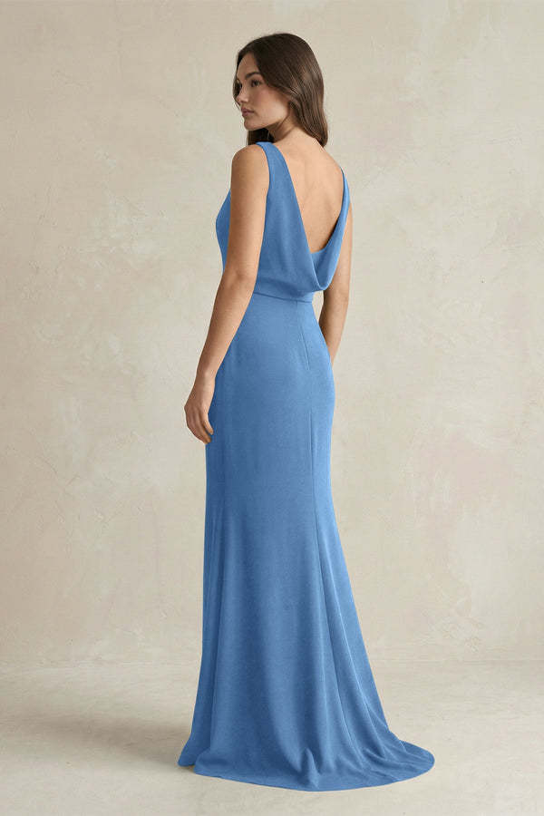 V - Neck Sheath Satin Maxi Bridesmaid Dress in Dusty Blue - KISS BRIDAL Bridesmaid Dresses