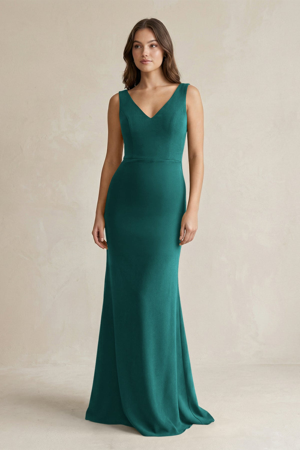 V - Neck Sheath Satin Maxi Bridesmaid Dress in Emerald - SHE IS ME Bridesmaid Dresses