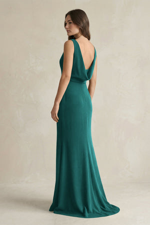 V - Neck Sheath Satin Maxi Bridesmaid Dress in Emerald - SHE IS ME Bridesmaid Dresses