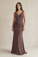V - Neck Sheath Satin Maxi Bridesmaid Dress in Espresso - SHE IS ME Bridesmaid Dresses