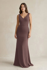 V - Neck Sheath Satin Maxi Bridesmaid Dress in Espresso - KISS BRIDAL Bridesmaid Dresses