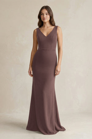 V - Neck Sheath Satin Maxi Bridesmaid Dress in Espresso - SHE IS ME Bridesmaid Dresses