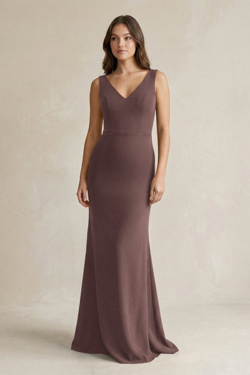 V - Neck Sheath Satin Maxi Bridesmaid Dress in Espresso - SHE IS ME Bridesmaid Dresses