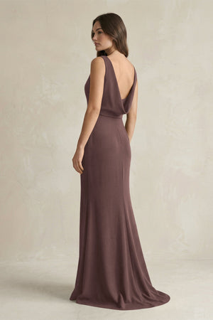 V - Neck Sheath Satin Maxi Bridesmaid Dress in Espresso - SHE IS ME Bridesmaid Dresses