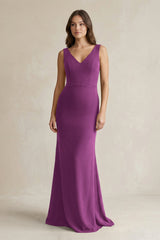 V - Neck Sheath Satin Maxi Bridesmaid Dress in Fig - KISS BRIDAL Bridesmaid Dresses