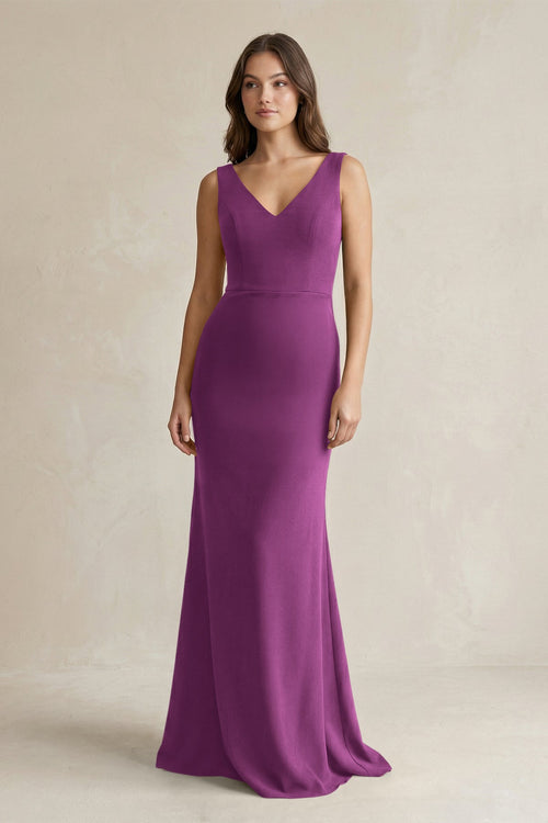V - Neck Sheath Satin Maxi Bridesmaid Dress in Fig - SHE IS ME Bridesmaid Dresses