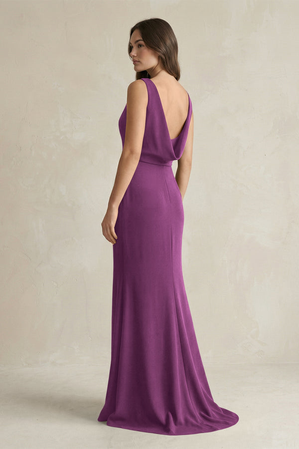 V - Neck Sheath Satin Maxi Bridesmaid Dress in Fig - SHE IS ME Bridesmaid Dresses