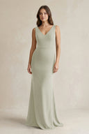 V - Neck Sheath Satin Maxi Bridesmaid Dress in Frost - KISS BRIDAL Bridesmaid Dresses