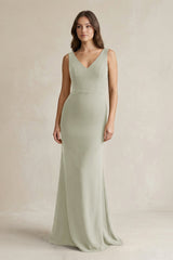 V - Neck Sheath Satin Maxi Bridesmaid Dress in Frost - KISS BRIDAL Bridesmaid Dresses