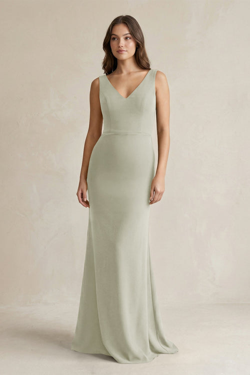 V - Neck Sheath Satin Maxi Bridesmaid Dress in Frost - KISS BRIDAL Bridesmaid Dresses