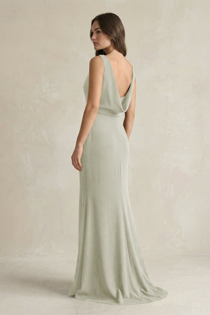 V - Neck Sheath Satin Maxi Bridesmaid Dress in Frost - KISS BRIDAL Bridesmaid Dresses