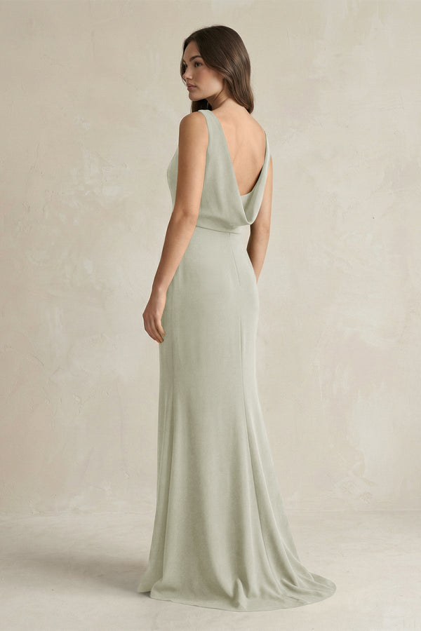 V - Neck Sheath Satin Maxi Bridesmaid Dress in Frost - KISS BRIDAL Bridesmaid Dresses