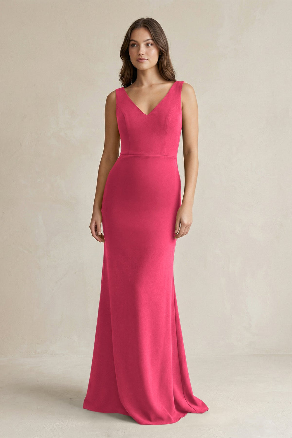 V - Neck Sheath Satin Maxi Bridesmaid Dress in Fuchsia - SHE IS ME Bridesmaid Dresses