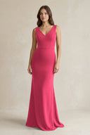 V - Neck Sheath Satin Maxi Bridesmaid Dress in Fuchsia - KISS BRIDAL Bridesmaid Dresses
