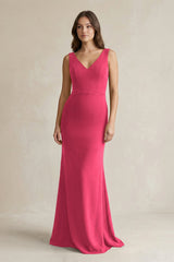 V - Neck Sheath Satin Maxi Bridesmaid Dress in Fuchsia - KISS BRIDAL Bridesmaid Dresses