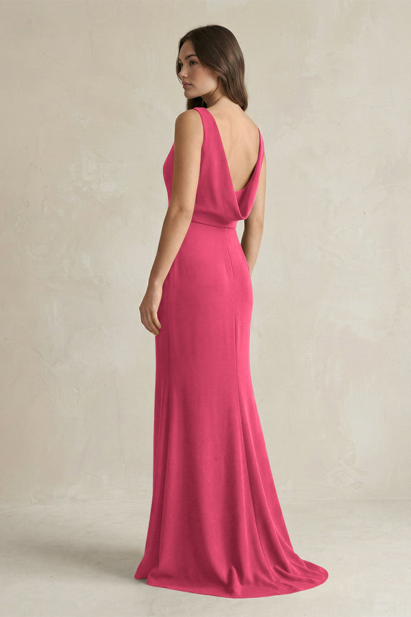 V - Neck Sheath Satin Maxi Bridesmaid Dress in Fuchsia - KISS BRIDAL Bridesmaid Dresses