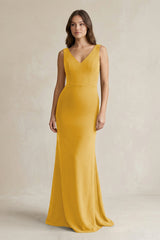 V - Neck Sheath Satin Maxi Bridesmaid Dress in Gold - KISS BRIDAL Bridesmaid Dresses