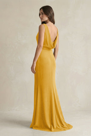 V - Neck Sheath Satin Maxi Bridesmaid Dress in Gold - KISS BRIDAL Bridesmaid Dresses