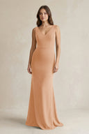 V - Neck Sheath Satin Maxi Bridesmaid Dress in Golden Champagne - SHE IS ME Bridesmaid Dresses
