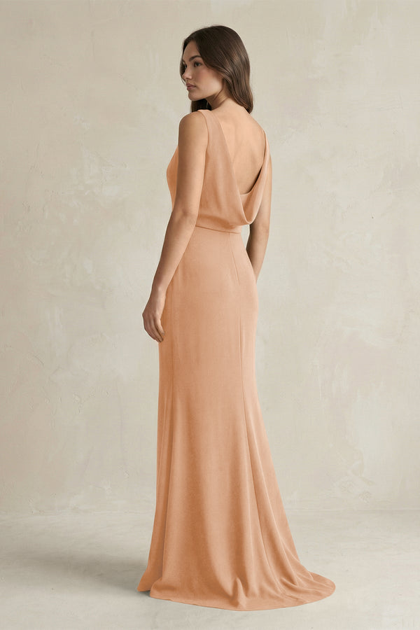 V - Neck Sheath Satin Maxi Bridesmaid Dress in Golden Champagne - SHE IS ME Bridesmaid Dresses