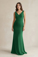 V - Neck Sheath Satin Maxi Bridesmaid Dress in Green - KISS BRIDAL Bridesmaid Dresses