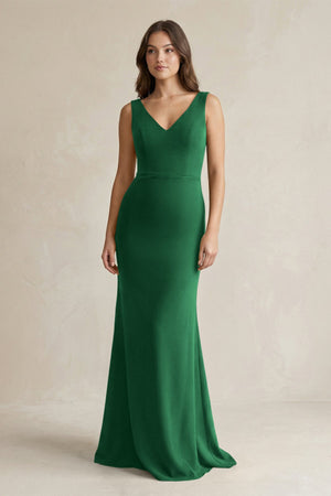 V - Neck Sheath Satin Maxi Bridesmaid Dress in Green - KISS BRIDAL Bridesmaid Dresses