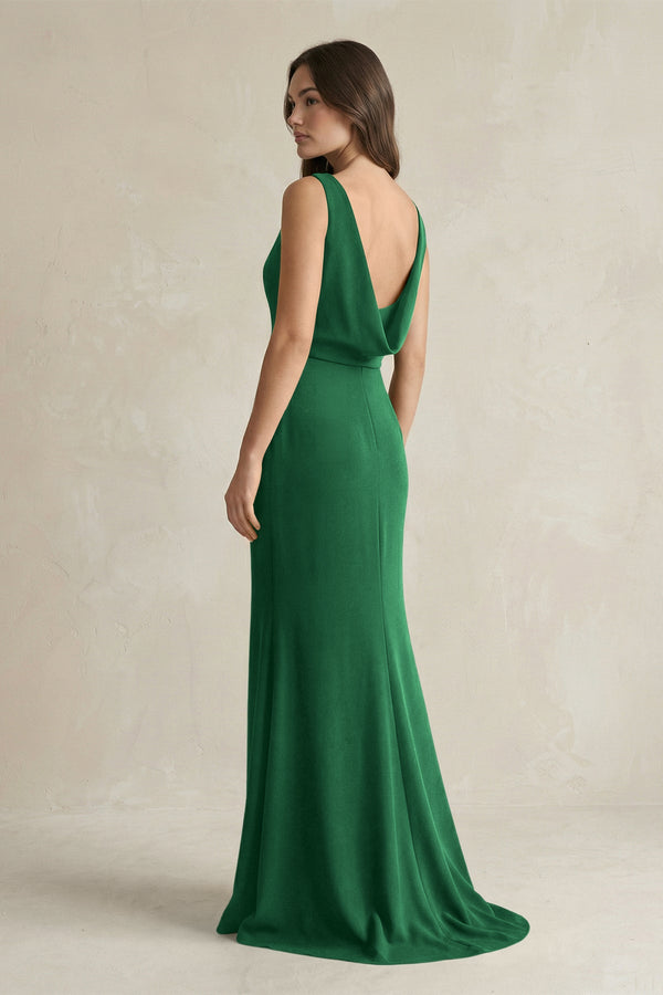 V - Neck Sheath Satin Maxi Bridesmaid Dress in Green - KISS BRIDAL Bridesmaid Dresses