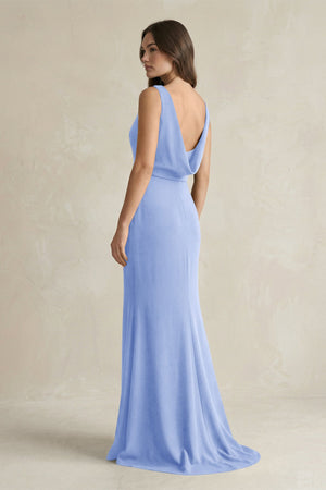 V - Neck Sheath Satin Maxi Bridesmaid Dress in Ice - KISS BRIDAL Bridesmaid Dresses