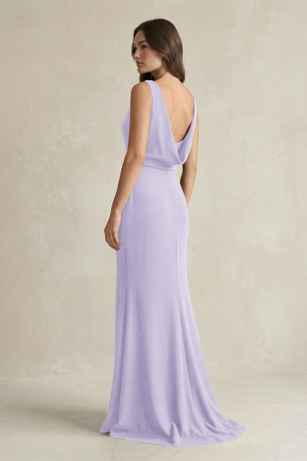 V - Neck Sheath Satin Maxi Bridesmaid Dress in Lavender - SHE IS ME Bridesmaid Dresses
